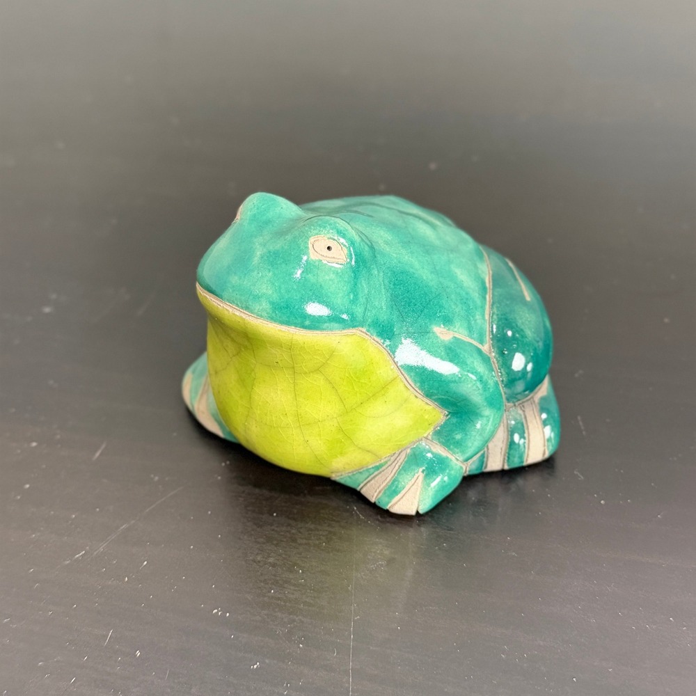 Vintage Handmade South Africa Ceramic Pottery Signed Frog Figurine Teal Green